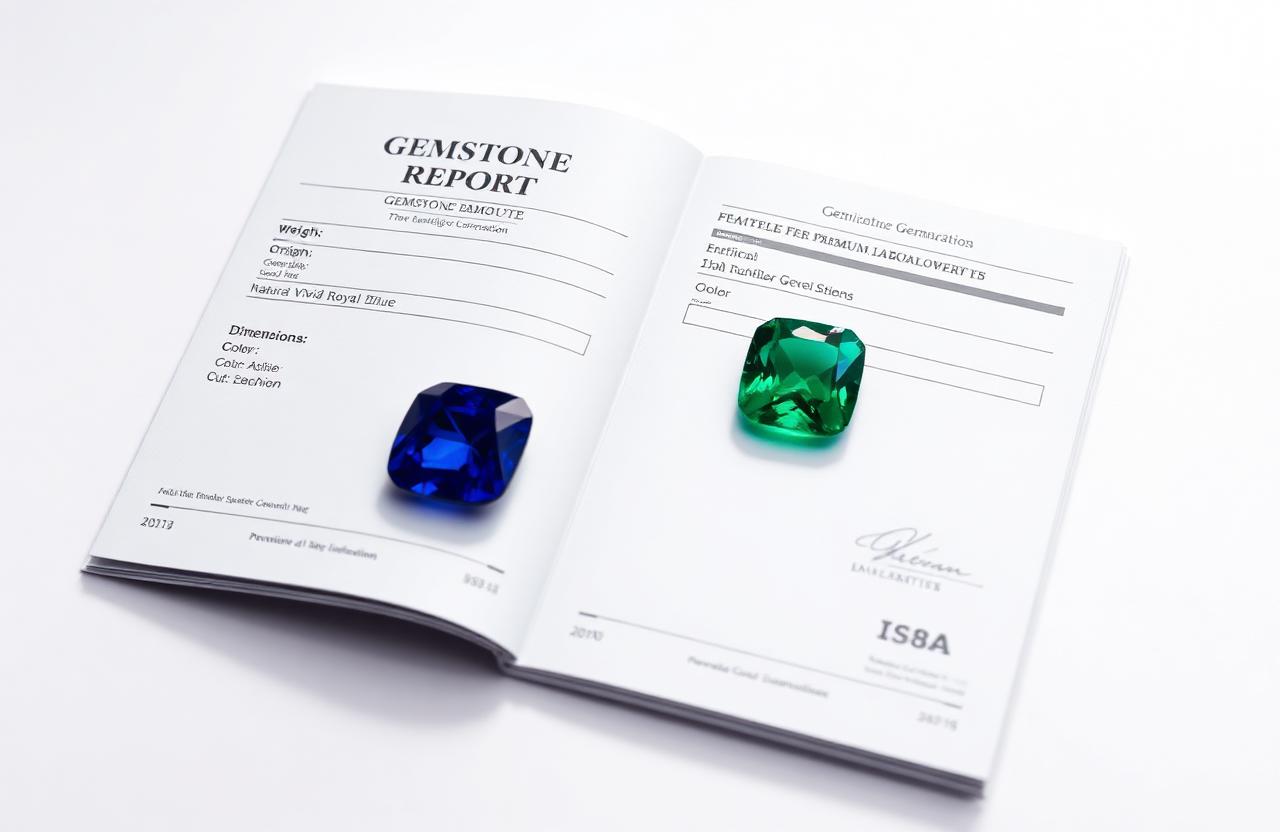 Government-recognized gemstone laboratory certification report with sapphire and emerald